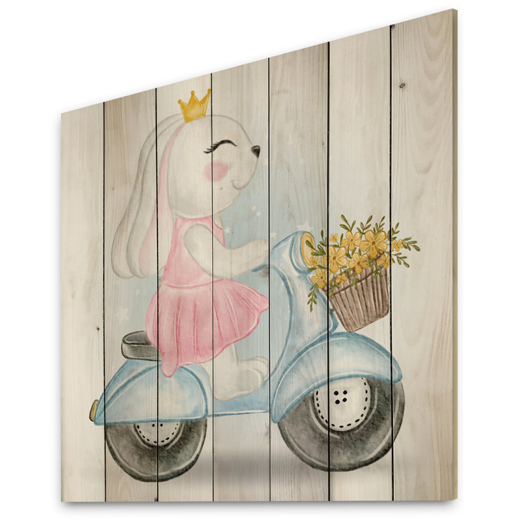 Zoomie Kids Cartoon Cute Bunny Girl Riding Scooter On Wood Painting